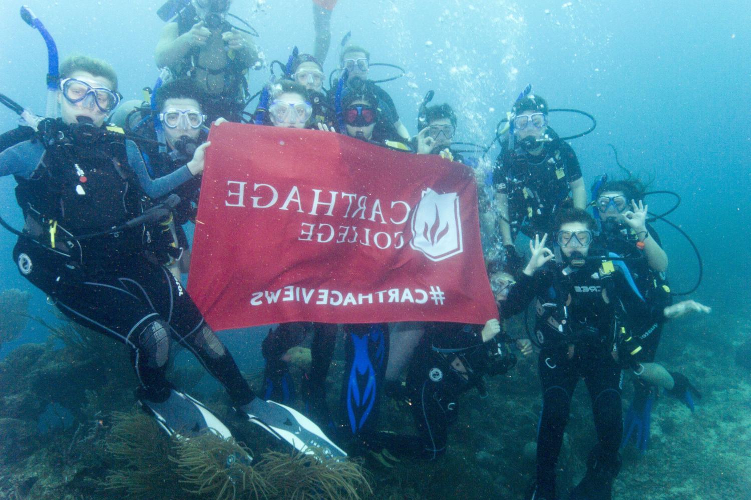 学生们手持<a href='http://8z2d.t9111.com'>bv伟德ios下载</a>旗帜，在j学期洪都拉斯游学之旅中潜水.
